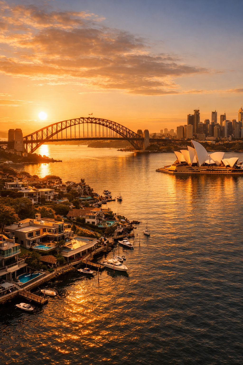 Sydney harbour at sunset with golden light reflecting on the water